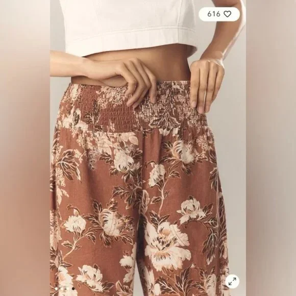 Anthropologie Linen Barrel Leg Floral Reese Smocked Pull On Pants Size Large - Picture 2 of 10